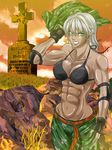 abs bared_teeth belt bikini_top blue_eyes breasts camouflage camouflage_pants covered_nipples dark_skin dog_tags elbow_pads fingerless_gloves gloves haigo7 large_breasts muscle muscular_female pants shirt_removed silver_hair solo vanessa_lewis virtua_fighter 