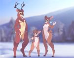  2018 anthro antlers blurred_background breasts brown_fur cervine detailed_background featureless_breasts featureless_crotch female fur group hooves horn male mammal phation reindeer smile standing 