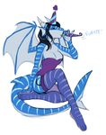  bare_shoulders black_hair breasts corset dragon eyes_closed female fish hair hindpaw horn human_feet hybrid legwear long_hair marine party_hat paws piranhapettingzoo plain_background scalie shark solo stockings stripes toes white_background wings 