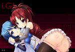  absurdres amarotamaro ass blue_eyes blue_hair blush censored gloves highres holding_hands long_hair mahou_shoujo_madoka_magica miki_sayaka multiple_girls panties panty_pull ponytail pussy pussy_juice red_eyes red_hair sakura_kyouko short_hair skirt thighhighs underwear upskirt yuri 