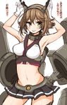  blush breasts brown_hair gloves green_eyes kantai_collection looking_at_viewer medium_breasts midriff miniskirt mutsu_(kantai_collection) navel short_hair skirt solo translated tsukudani_norio white_gloves 