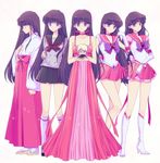  5girls back_bow bad_id bad_pixiv_id bare_legs bishoujo_senshi_sailor_moon black_hair black_skirt boots bow chibi choker closed_eyes costume_chart dress earrings elbow_gloves full_body gloves hino_rei jadeite_(sailor_moon) japanese_clothes jewelry kimono knee_boots kneehighs long_hair miko multiple_girls multiple_persona princess_mars purple_eyes red_dress red_sailor_collar red_skirt ribbon sailor_collar sailor_mars sailor_senshi_uniform saki_(hxaxcxk) school_uniform serafuku skirt smile star star_choker super_sailor_mars_(stars) very_long_hair white_background white_gloves 