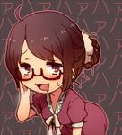  :3 :d ahoge arm_up bent_over blush brown_eyes brown_hair capelet chibi commentary dress drooling glasses hair_bun koorizu looking_at_viewer open_mouth original outline red_dress ribbon saliva scratching_head scrunchie short_sleeves smile solo sweatdrop translated 