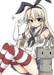  anchor black_panties blonde_hair blush elbow_gloves gloves hair_ornament hairband kantai_collection long_hair looking_at_viewer panties rensouhou-chan shimakaze_(kantai_collection) skirt smile socks solo striped striped_legwear thighhighs tsukudani_norio underwear v white_gloves 