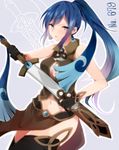  blue_eyes blue_hair breasts cleavage_cutout earrings gen_6_pokemon highres honedge jewelry large_breasts long_hair midriff multicolored_hair navel personification pokemon ponytail solo sword takeshima_(nia) two-tone_hair weapon 