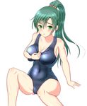  arm_support artist_request blue_swimsuit blush breasts cleavage covered_navel fire_emblem fire_emblem:_rekka_no_ken green_eyes green_hair high_ponytail large_breasts long_hair looking_at_viewer lyndis_(fire_emblem) one-piece_swimsuit school_swimsuit simple_background sitting solo source_request swimsuit white_background 