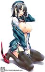  areolae black_gloves black_hair black_legwear blush breasts garter_straps gloves hat kantai_collection large_breasts military_jacket nipples open_mouth red_eyes short_hair skirt solo soyosoyo takao_(kantai_collection) thighhighs 