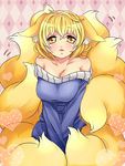  alternate_costume animal_ears argyle argyle_background bare_shoulders blonde_hair blush breasts cleavage collarbone ears_down fox_ears fox_tail heart ibaraki_natou kyuubi large_breasts long_hair long_sleeves looking_at_viewer multiple_tails naked_sweater off_shoulder open_mouth solo sweater tail touhou very_long_hair yakumo_ran yellow_eyes 