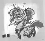  ? black_and_white blush bow candy cutie_mark equine female friendship_is_magic greyscale hair horn horse karol_pawlinski lollipop looking_at_viewer mammal monochrome my_little_pony necklace pony ponytail popcicle princess_luna_(mlp) solo winged_unicorn wings 