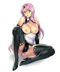  apron bare_shoulders black_legwear blue_eyes blush breasts breasts_outside covering covering_crotch dream_c_club dream_c_club_(series) elbow_gloves gloves high_heels homare_(fool's_art) large_breasts long_hair looking_at_viewer nipples no_panties parted_lips pink_hair pubic_hair ribbon rui_(dream_c_club) simple_background sitting solo thighhighs very_long_hair white_background 
