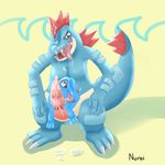 alligator ambiguous_gender anthro claws cum cum_on_face cum_on_tongue duo feral feral_on_feral feraligatr gay looking_down male messy nintendo nuroi penis_riding pok&#233;mon pok&eacute;mon pose reptile scalie size_difference size_play standing toe_claws tongue tongue_out totodile video_games 