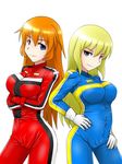  alternate_costume blue_jumpsuit breasts charlotte_e_yeager commentary_request cosplay crossed_arms gloves hands_on_hips isosceles_triangle_(xyzxyzxyz) jumpsuit large_breasts marian_e_carl multiple_girls noble_witches print_jumpsuit racing_suit red_gloves red_jumpsuit strike_witches white_gloves world_witches_series 