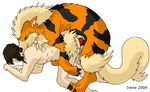  2004 anal anthro anthro_on_feral arcanine bestiality black_nose blue_eyes canine canine_penis claws doggystyle feral from_behind gay human interspecies invalid_background irene_(artist) knot male nintendo penis pok&eacute;mon pok&eacute;philia saliva video_games 