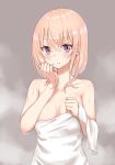  1girl bangs bare_arms bare_shoulders blush breasts closed_mouth collarbone commentary_request eyebrows_visible_through_hair hair_between_eyes highres light_brown_hair long_hair looking_at_viewer medium_breasts naked_towel original piripun purple_eyes solo steam towel upper_body wet 