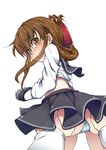  admiral_(kantai_collection) ass ass_grab blue_panties blush brown_eyes brown_hair folded_ponytail from_behind inazuma_(kantai_collection) kantai_collection looking_back open_mouth panties pantyshot rougetsu_(eclipse) sleeves_past_wrists solo_focus tears underwear 