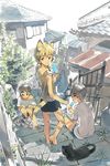  animal_ears black_cat black_hair blonde_hair brick_wall cat cat_ears cat_tail coin_rand drainpipe eating food highres house kneeling looking_at_viewer male_focus multicolored_hair multiple_boys neko_otouto off_shoulder original plant popsicle railing rooftop scenery shade shadow shirt shorts sitting sitting_on_stairs stairs t-shirt tail tile_roof two-tone_hair wall weeds 