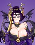  1girl areola_slip areolae bare_shoulders beauty_mark blue_eyes breasts clevage digimon eyeshadow facial_mark fang fingernails forehead_mark gauntlets horns large_breast lilithmon lipstick looking_at_viewer makeup patreon_username pointy_ears purple_hair purple_lipstick rakuoni sharp_fingernails single_gauntlet smirk wings 