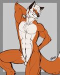  anthro balls biceps blue_eyes brown_fur canine chest_tuft feralise fox fur hair looking_at_viewer male mammal muscles nude pecs plain_background pose sheath solo toned tuft white_hair 
