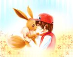  1boy baseball_cap brown_hair dekus eevee hat highres holding nintendo pokemon pokemon_(game) red_(pokemon) red_(pokemon)_(classic) simple_background smile 