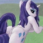  absurd_res anthro anthrofied anus blue_eyes butt cutie_mark equine eyeshadow female friendship_is_magic fur hair hi_res horn horse long_hair looking_at_viewer lying makeup mammal my_little_pony on_front outside pony purple_hair pussy rain rarity_(mlp) solo unicorn wet white_fur xanthor 