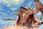  abs attack bandana battle cloud cloudy_sky day doubled67 edward_newgate epaulettes facial_hair fire high_collar highres jacket_on_shoulders male_focus manly muscle mustache one_piece polearm sash scar ship shirtless signature sky solo water watercraft weapon white_hair 