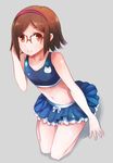  bad_id bad_pixiv_id bikini bikini_skirt brown_eyes brown_hair comah glasses gundam gundam_build_fighters hairband kneeling kousaka_china short_hair solo swimsuit 