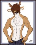  anthro antlers biceps brown_fur brown_hair cervine chest_tuft deer feralise fur hair horn male mammal muscles pecs plain_background pose solo standing toned topless tuft 