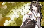  ahoge bare_shoulders blush brown_hair detached_sleeves double_bun hair_ornament hairband hex_grid irusu japanese_clothes kantai_collection kongou_(kantai_collection) long_hair skirt smile solo thighhighs 