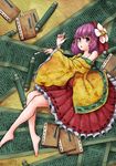  absurdres bare_legs barefoot book calligraphy_brush collarbone flower fuente hair_flower hair_ornament hieda_no_akyuu highres japanese_clothes kimono lavender_eyes lavender_hair looking_at_viewer lying off_shoulder on_side open_mouth paintbrush scroll short_hair solo touhou 