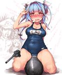  2girls admiral_(kantai_collection) bare_shoulders blue_hair blush breasts cameltoe cleavage collarbone covered_navel fat_mons heart heart-shaped_pupils highres i-19_(kantai_collection) imazon kantai_collection kneeling large_breasts long_hair multicolored_hair multiple_girls name_tag naughty_face nose_blush one-piece_swimsuit pink_eyes ryuujou_(kantai_collection) saliva school_swimsuit solo_focus stomach straddling swimsuit symbol-shaped_pupils taut_clothes taut_swimsuit tears torpedo translated trembling two-tone_hair 