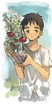  black_hair blue_sky brown_eyes coin_rand eyebrows flower_pot leaf male_focus original plant shirt short_sleeves sky smile solo t-shirt thick_eyebrows tomato tomato_plant vines 