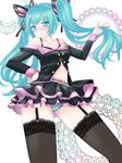  aqua_eyes aqua_hair belt bra_strap garter_straps hair_tousle hand_on_hip hatsune_miku highres lace lace-trimmed_thighhighs long_hair panties pantyshot pantyshot_(standing) project_diva_(series) project_diva_f skirt solo standing striped striped_panties sweet_devil_(vocaloid) thighhighs tsuyuri_kei twintails underwear vocaloid 