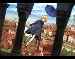  bad_id bad_pixiv_id blonde_hair blue_eyes capelet city cityscape coat column falling fur_trim goe highres letterboxed original pantyhose pillar short_hair smile solo umbrella wallpaper white_legwear 