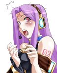  artist_request asakawa_yuu bare_shoulders blush breasts cosplay fate/stay_night fate_(series) headphones long_hair looking_at_viewer medium_breasts megurine_luka megurine_luka_(cosplay) open_mouth parody purple_eyes purple_hair rider seiyuu_connection solo vocaloid 
