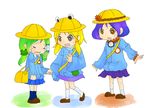  alternate_costume bag gozui green_hair hat holding_hands kindergarten kochiya_sanae moriya_suwako multiple_girls school_bag school_hat school_uniform tears touhou yasaka_kanako younger 