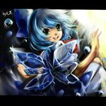  :d bad_id bad_pixiv_id blue_dress blue_hair cirno crystal dress from_behind green_eyes hikariz ice ice_wings looking_at_viewer looking_back open_mouth round_teeth smile solo teeth touhou wings 