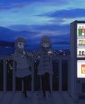  bag can cellphone cityscape coat copyright_request diode_(0_division) highres leaning loafers multiple_girls night pantyhose phone railing scarf shoes shoulder_bag sky vending_machine 