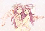  2girls angel angel_wings flower hug long_hair multiple_girls nude original purple_eyes purple_hair ribbon siblings smile twins wings 