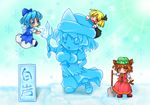  animal_ears blue_eyes blue_hair brown_hair cat_ears cat_tail chen cirno earrings fang hat ice ice_sculpture jewelry kinokobakudan letty_whiterock multiple_girls one_eye_closed ribbon rumia sculpture shovel snowflakes tail touhou wings 