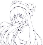  amami_amayu food fruit greyscale hat hinanawi_tenshi leaf long_hair monochrome oekaki open_mouth peach smile solo touhou upper_body 