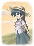  backpack bad_id bad_pixiv_id bag black_eyes black_hair casual hat kajiwara_sora kokutou_nikke long_hair sketchbook_full_colors solo straw_hat 