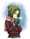  akimoto_komachi beanie breath enoshima_iki gloves green_eyes green_hair hat jacket leather leather_jacket mittens precure scarf snow solo winter winter_clothes yes!_precure_5 