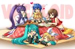  3girls aqua_hair book cheek_poking closed_eyes cup cushion drinking eating food fruit happy hatsune_miku heart hug hug_from_behind kagamine_len kagamine_rin kaito kamui_gakupo kotatsu male_focus mandarin_orange meiko multiple_boys multiple_girls noodles poking seiza sitting sleeping table tamamani teapot vocaloid wooden_floor yaoi yunomi zabuton 