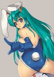  animal_ears ass bad_id bad_pixiv_id blue_leotard breasts bunny_ears bunny_tail bunnysuit elbow_gloves gloves green_hair hikaru_(parodius) large_breasts leotard long_hair looking_back nagase_haruhito parodius pointing purple_eyes sideboob solo tail 