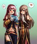  ? blue_eyes blue_nails blush bow_(bhp) brown_hair crossover hair_over_one_eye heart highres long_hair look-alike megurine_luka midriff mieu multiple_girls nail_polish navel open_mouth pink_hair tales_of_(series) tales_of_the_abyss tear_grants thighhighs vocaloid wavy_mouth 