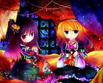  bad_id bad_pixiv_id bed blonde_hair colorful doll gothic_lolita japanese_clothes kazu_(muchuukai) kimono lolita_fashion multiple_girls original purple_hair sitting 