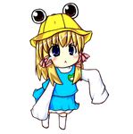  :&lt; alternate_costume blonde_hair blush chibi hair_ribbon hat kindergarten long_sleeves moriya_suwako oversized_clothes pout pyonta ribbon school_hat school_uniform short_hair sleeves_past_fingers sleeves_past_wrists solo tears tomonekomata touhou younger 