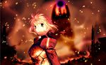  armor artoria_pendragon_(all) blonde_hair blood blood_on_face fate/zero fate_(series) fire green_eyes highres ruins saber solo takeuchi_takashi wallpaper 