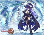  blue_hair boots breasts cleavage crossed_arms earrings elbow_gloves fatima_(luminous_arc) gloves hair_over_one_eye hat hips ice jewelry large_breasts long_hair luminous_arc luminous_arc_2 midriff navel pendant purple_eyes shibano_kaito solo thigh_boots thighhighs wallpaper witch witch_hat 