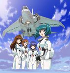  aircraft airplane aqua_hair artist_request ass bodysuit brown_hair doi_shizuha fighter_jet highres honjou_mikaze jet kikuhara_karin military military_vehicle multiple_girls nakamura_ayamo open_mouth pilot_suit purple_hair smile stratos_4 tsr-2 white_bodysuit 